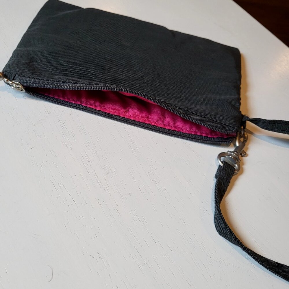 Wristlet Wallet Pouch Black Nylon Hot Pink Lining Barbiecore